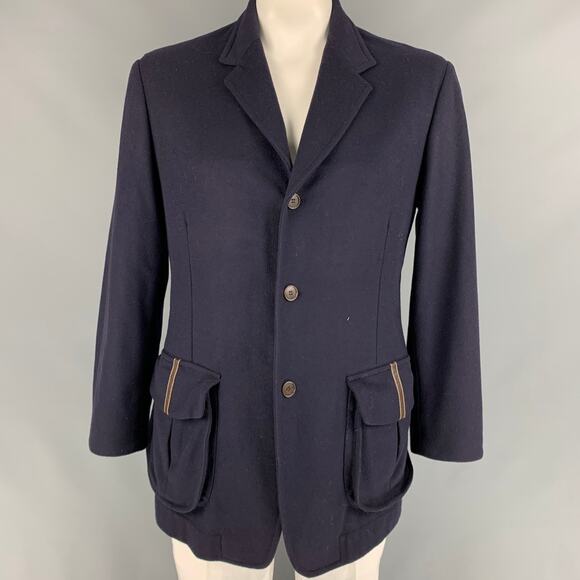 RYAN ROBERTS Size XL Navy & Brown Wool Blend Single Breasted Coat